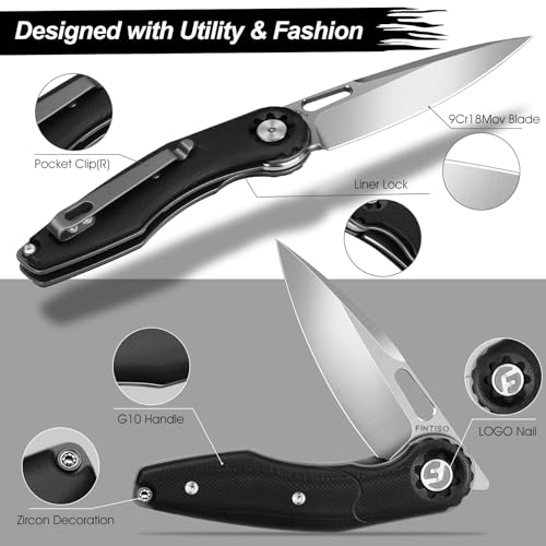 FINTISO Pocket Knife 3" Folding Knife 9Cr18MoV Blade, G10 Handle Design with Pocket Clip for Men Women, Small EDC Knife for Camping, Hunting, Hiking, Survival and Outdoor Activities, ROOK Series by FINTISO - Image 2