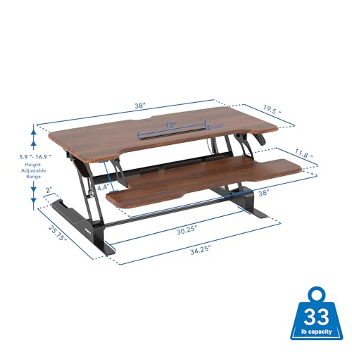 Image of Mount-It! Large 38 Inch Standing Desk Converter, Sit Stand Desk Riser for Dual Monitors with Keyboard Tray, Height Adjustable Desktop Workstation, Easy Lift Gas Spring, Rustic Walnut Brown