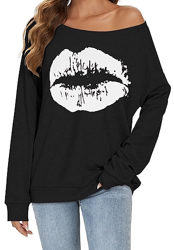 Image of florynova Womens Off Shoulder Tops Long Sleeve Sweatshirt(B Black White,L)