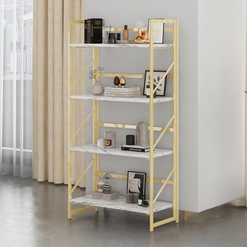 Image of JSB 4 Tier No Assembly Folding Bookshelf, Foldable Storage Bookcase for Home Office, Space-Saving Storage Shelf for Living Room, Bedroom, Office (White&Gold)