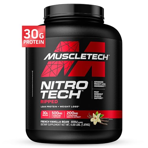 Muscletech Whey Protein Powder (French Vanilla Bean, 4LB) – Nitro-Tech Ripped Whey Protein Isolate & Peptides Smoothie Mix for Lean Muscle & Fast Recovery – 30g of Whey Protein for Women & Men