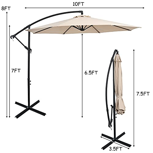 Giantex 10Ft Patio Offset Umbrella, 8 Ribs Cantilever Umbrella Outdoor W/Crank, Cross Base, Tilt Adjustment, Large Hanging Market Umbrella For Poolside, Yard, Lawn, Garden (Beige) #TOP6