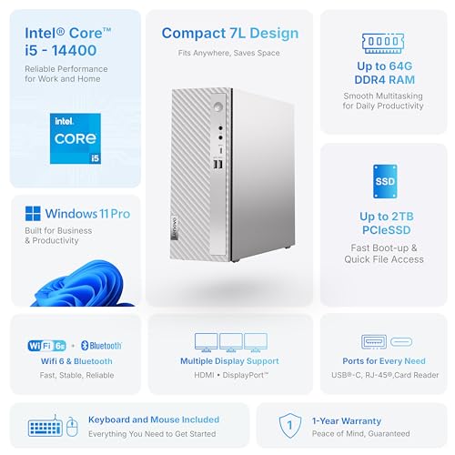 Image of Customized Lenovo IdeaCentre 3i SFF Business Desktop Computer, Intel Core i5-14400, 8 /16 /32 /64GB RAM, 512GB /1TB /2TB SSD, WiFi & Bluetooth, HDMI, USB-C, Keyboard & Mouse Included, Windows 11 Home