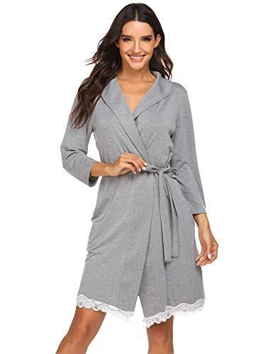 Avidlove Womens Bathrobe Soft Kimono Cotton Knit Robe Lace Trim Sleepwear,Gray,Small