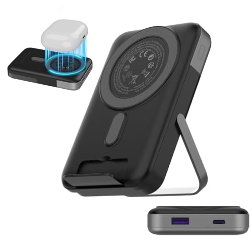 Nobis 10000mAh Magnetisk Powerbank, Portabel Trådlös Laddare med dubbel vikbar stöd och LED-display för Mag-Safe Batteripack, Snabbladdning PD 22,5W Type-C In&Out för Phone 16 S25