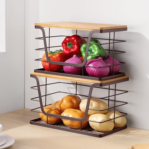 ALOCEO 2 Pack Large Pantry Baskets with Bamboo Lip, Stainless Steel Garbage Bag Holder Dispenser Countertop Storage, Stackable Kitchen Storage Bins for Fruit Onion Potato Vegetable, Brown - Image 4