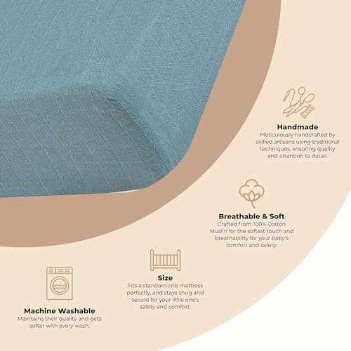 Image of Crane Baby Soft Cotton Fitted Sheet for Cribs and Nurseries, Riverstone Blue, 28 inchw x 52 inchh x 9 inchd