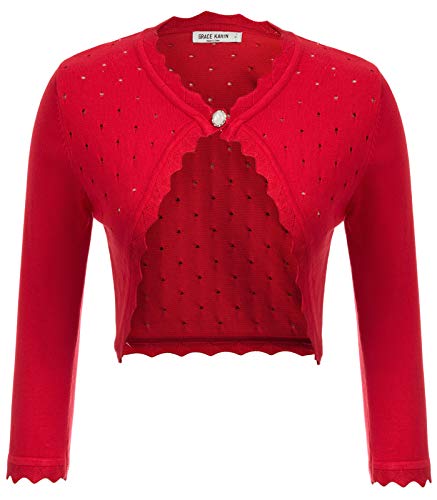 Womens Bolero Open Front Cardigan 3/4 Sleeve Solid Versatile Shrug Crop Tops Red L
