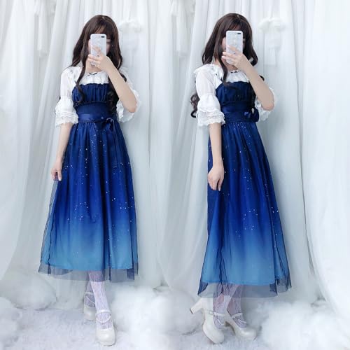 New Years Eve Outfits WomenFairy Dress Casual Girl Princess Sweet Lolita Gradient Starry Sky Deep Blue Star Long Dress4