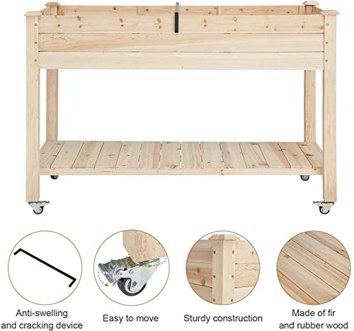 Kintness Raised Garden Bed Large- Elevated Wood Planter Box With Wheels Storage Shelf Stand For Backyard Patio 50" Lx 21" Wx 34" H #TOP7