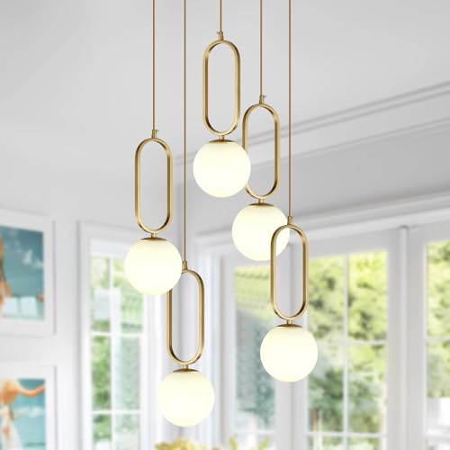 Image of Globe Pendant Lighting Modern Kitchen Island Lighting Gold Brushed Brass Hanging Light with Glass Shade, Adjustable Mini Ceiling Pendant Lamp for Bedroom Living Room Dining Room (D5006-5)