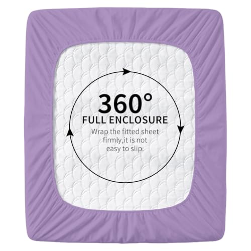 Image of HBHLFZ Full Fitted Sheet Only, Soft Breathable Bottom Sheet - 54 inchx75 inch Deep Pockets Full Size - 100% Polyester, All Around Stretch Fit, Wrinkle Resistant, Colorfast - Easy Care, Light Purple
