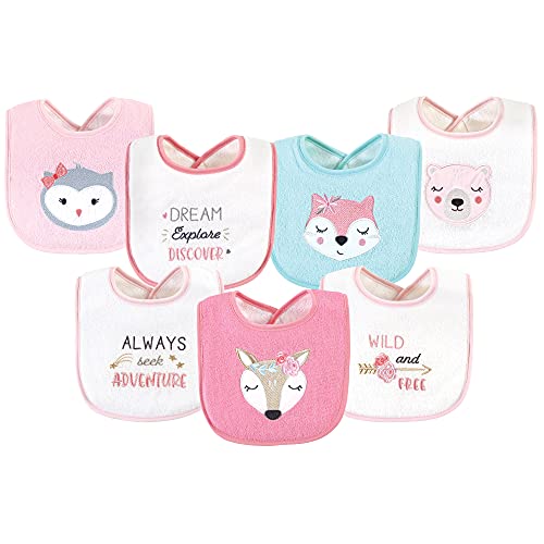 Image of Hudson Baby Unisex Baby Cotton Terry Drooler Bibs with Fiber Filling, Pink Girl Woodland, One Size