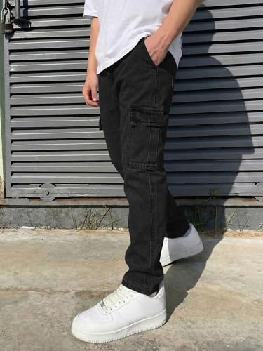 Image of JMIERR Men's Elastic Waist Cargo Jeans Stretch Denim Pants with Drawstring Relaxed Fit for Casual Daily Wear