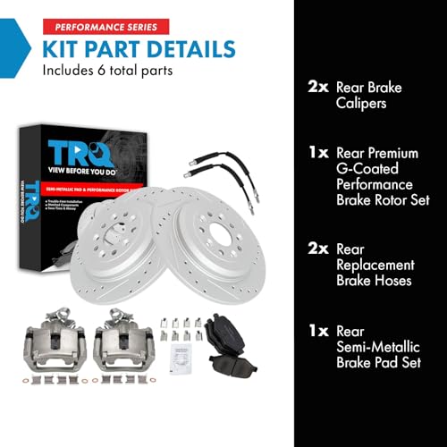 Image of TRQ Performance Rear Brake Pad and Rotor Set Semi Metallic Slotted Drilled G Coated 330mm Rotors Calipers Compatible with 2015-2018 Ford Flex 2015-2018 Lincoln MKT