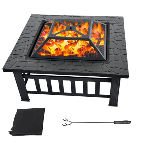 32" Fire Pit Table with Mesh Lid, Wood Burning Fireplace/Firepit with Poker and Accessories