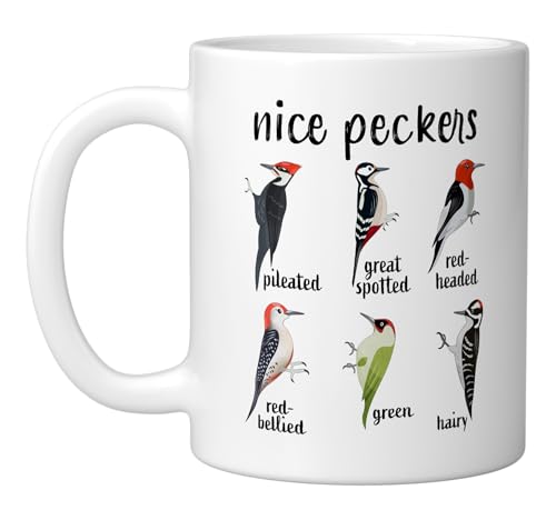 Taza de cerámica blanca con diseño de pájaros carpinteros 11 oz miniatura 1