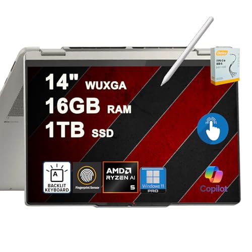 Lenovo Laptop Yoga 7 2 en 1 | 35.6 cm WUXGA OLED Touch (100% DCI-P3 600nits HDR) | AMD 6-core Ryzen AI 5 340 (hasta 50 Tops) | 16GB DDR5 1TB SSD retroiluminada huella digital con lápiz Win11Pro con