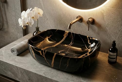Image of Designer Ceramic Wash Basin For Bathroom | Over Counter Bathroom Basin | Counter Top Bathroom Sink | Wash Basin For Restaurant, Hotel (18 x13 x 5 Inch) (Black Gold Jelly)