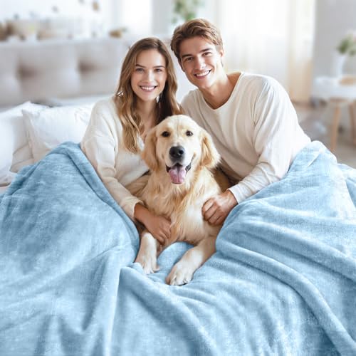 Image of JYK Fleece Plush Blanket King Size 85'' x 95'' - Premium Silky Flannel Fleece Blanket 4.4 LB, Lightweight and Fluffy Cozy Plush Comfy Microfiber Fleece Blanket for Couch Sofa Bedroom, Light Blue