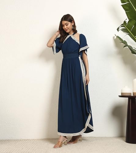 Image of DEEBACO Women's Solid Rayon Slit Ankle Length A-Line Dress|Sleeveless|Halter Neck|Casual Trending Fashion Long One Piece Dresses Women Western