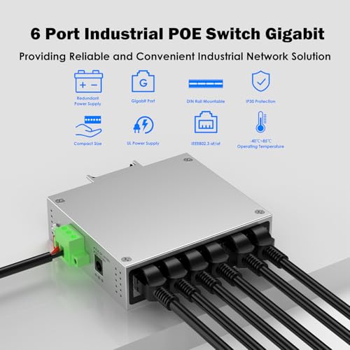 Image of Industrial 4-Port Full Gigabit POE+ Switch with 60W UL Power Supply, 2 Gigabit Uplink Port, 6 Port DIN-Rail POE Switch for IP Cameras, VoIP Phones, Wireless APs