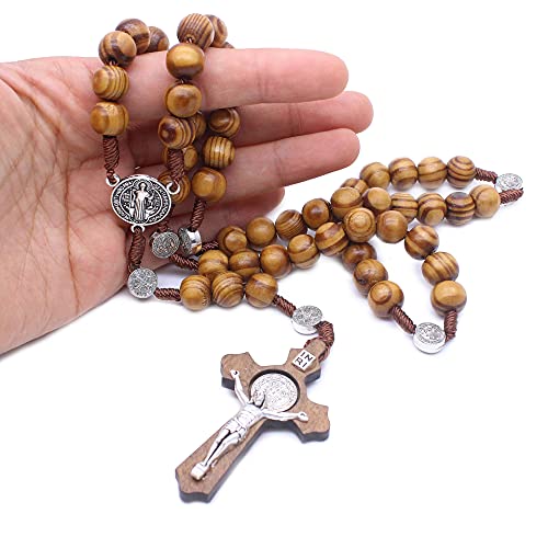 Faith & Gospel Wooden Rosary Beads Necklace Wood Saint Benedict Medal & Catholic Cross Religious Prayer Chaplet Handmade3