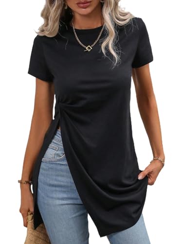 Remidoo Side Slit Tees for Women Twist Front Top Crewneck Short Sleeve Split Hem T Shirt