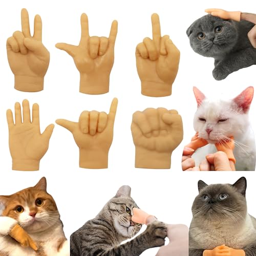 ACOSIY 6PCS Tiny Hands for Cats, Funny Little Hands for Cats, Rubber Finger Puppets for Cat Paws, Little Hands for Fingers, Stretchable Mini Hands for Cats, Cat Interactive Toy