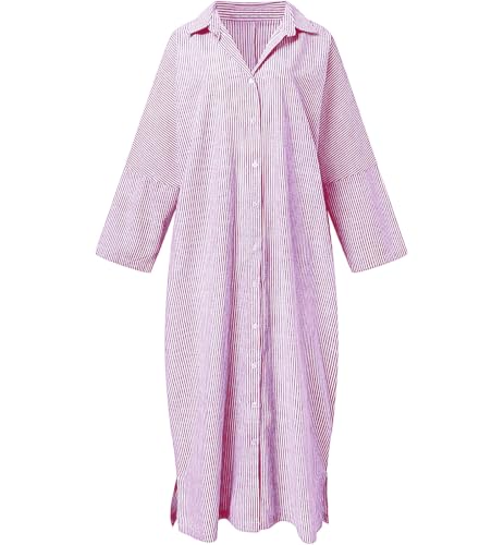 Image of ebossy Women's Oversized Boho Striped Shirt Dress Button Up Long Sleeve Flowy A Line Caftan Dress with Pockets