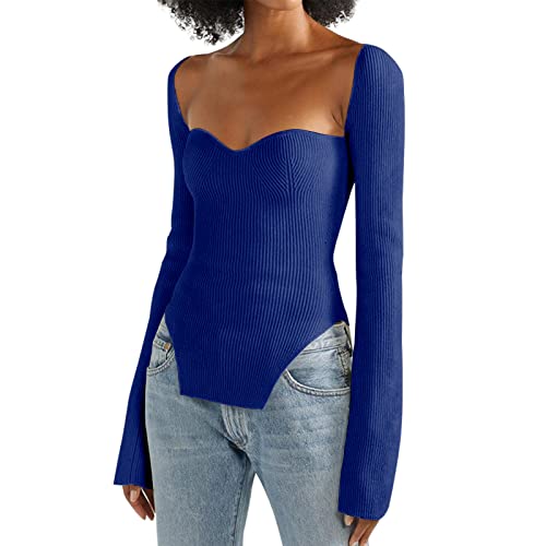 Image of Women's Square Neck Ribbed Knitted Sweater Long Sleeve Crop Slim Fitted Basic Pullover Tops