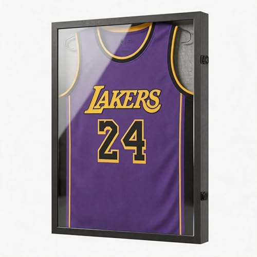 Image of Large Lockable Jersey Frame Display Case Wall Mount, T-Shirt Shadow Box with Clear UV-Protective Acrylic, Hangers Linen Backing for Football, Basketball, Baseball