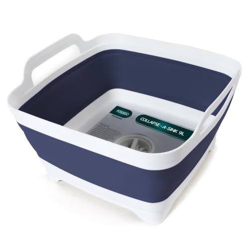 Image of FOSJGO Collapsible Dish Basin with Drain Plug, 2.4 Gal (9L) Space-Saving Foldable Sink, Wash Basin for Kitchen, Baby Bottles, Vegetable Washing, Camping, RV and Party Beverage Tubs (Navy blue)