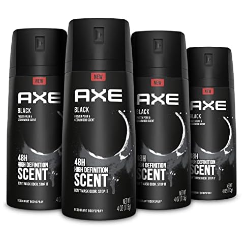 AXE Black Mens Body Spray Deodorant 48hr Odor Protection Frozen Pear & Cedarwood Aluminum Free Deodorant Body Spray, 4 Ounce (Pack of 4) Cover