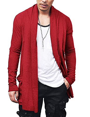 COOFANDY Men's Ruffle Shawl Collar Cardigan Premium Cotton Blend Long Length Drape Cape Overcoat Red