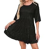 Sequin Dress for Women Sparkly Round Neck Half Sleeve Cocktail Party Prom Mini Dresses Loose Fit Fashion Outfits S-2XL Black
