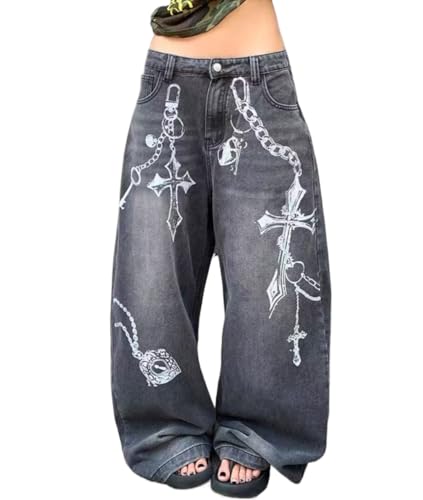 Y2k Unisex Grunge Gothic 3D Cross Chain Print Baggy Jeans Vintage Hiphop Punk Loose Fit Casual Wide Leg Denim Pants