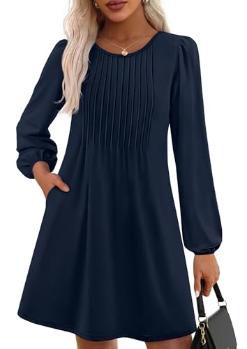 PRETTYGARDEN Fall Dresses for Women 2025 Long Sleeve Mini Short Flowy A Line Casual Holiday Party Tunic Dress Fashion Clothes (Navy Blue,Large)