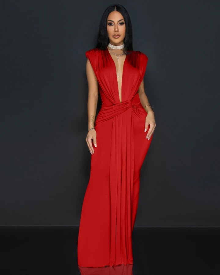 Memoriesea Women's Elegant Sleeveless Deep V Neck Bodycon Party Evening Gown Maxi Dress - Image 3