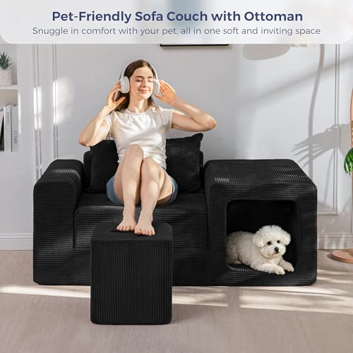 Image of MAXYOYO Folding Sofa Couch, Convertible Floor Sofa with Armrest, Multifunctional Sofa with Pillow and Pockets, Boneless Couch for Living Room, Black