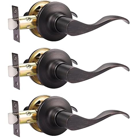 GOBEKOR 3 Pack Passage Door Levers Oil Rubbed Bronze Interior Door Handles with Lock Keyless Closet Door Handles Passage Door Handles Interior Door Hardware Cover