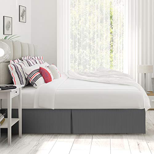 Image of Nestl Twin Bed Skirt - Damask Dobby Stripe Wrap Around Bed Skirt - Double Brushed Microfiber 14 in Tailored Drop Pleated Bed Ruffle with Bed Skirt Pins - Gray