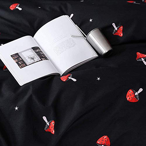 Cute Mushroom Duvet Cover Queen Kid Cartoon Kawaii Bedding Set Red Mushroom Comforter Cover Set Farmhouse Botanical Bedspread Cover Lovely Natural Wild Plants Quilt Cover For Room Decor, Black #TOP4