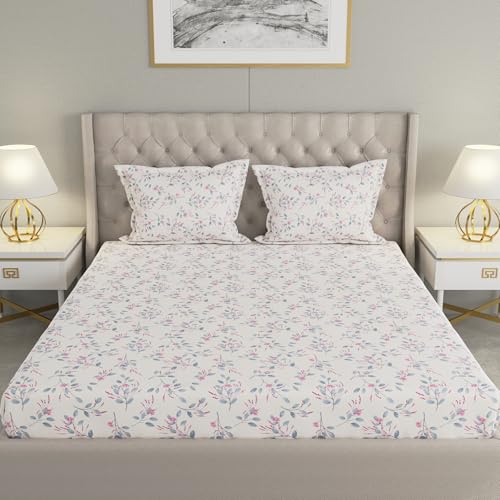 Image of Raymond Home 200TC Affair Cotton Rich Super Soft Floral Double Bedsheet (2.29 Mx2.54 M) with 2 Pillow Covers(46 CM x 69 CM) - White & Pink