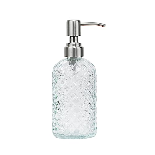 SDlumeiy Seifenspender aus Glas mit Diamantmuster, 473,6 ml, nachfüllbarer Seifenspender für Küche und Bad, mit rostbeständiger Edelstahlpumpe für Seife