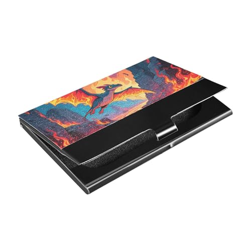 KLL Cartoon Dinosaur with Fire Ultra-Thin Pocket Business Card Holder with Leather and Stainless Steel Credit Card case for Business Meeting Use tarjetero para Hombres