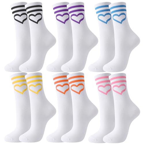 Utensilsto 6 Paare Herz Socken für Damen Tennissocken Weiß Sportsocken mit Streifen 35-38 Baumwolle Herz Laufsocken Tennis Sport Socken Geschenk für Frauen Bunt