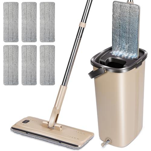 MASTERTOP Mopa Microfibre con Cubo Escurridor, Mopa Fregona Plana con Manos Libres, Trapeador Giratorio 360° con Cubo Sistema Autolimpieza para Lavado de Suelos Secos y Húmedos + 6 Almohadillas