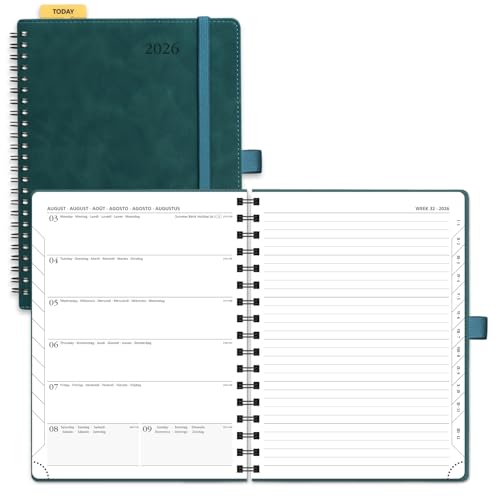 POPRUN Agenda 2026 Semana Vista Espiral 22 x 16,5 cm, Tapa Blanda, Regla Posicionable, Una Página por Semanal con Una Página de Notas, 100 GSM Papel EU, Verde petróleo