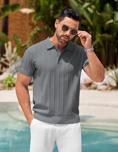 Image of COOFANDY Mens Knit Polo Shirts Short Sleeve Ribbed Textured Polo Shirt Lightweight Casual Golf Shirts Collared T Shirt